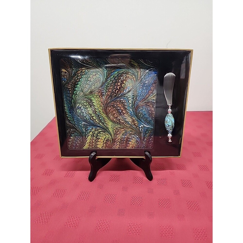 Two's Company Marbelize Cheese Platter And Spreader In  Peacock  New In Package